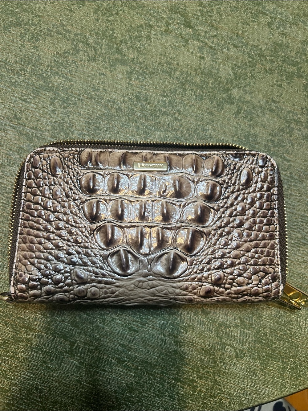 Brahmin Metallic Pewter Croc-Embossed Zip Wallet with Gold Hardware